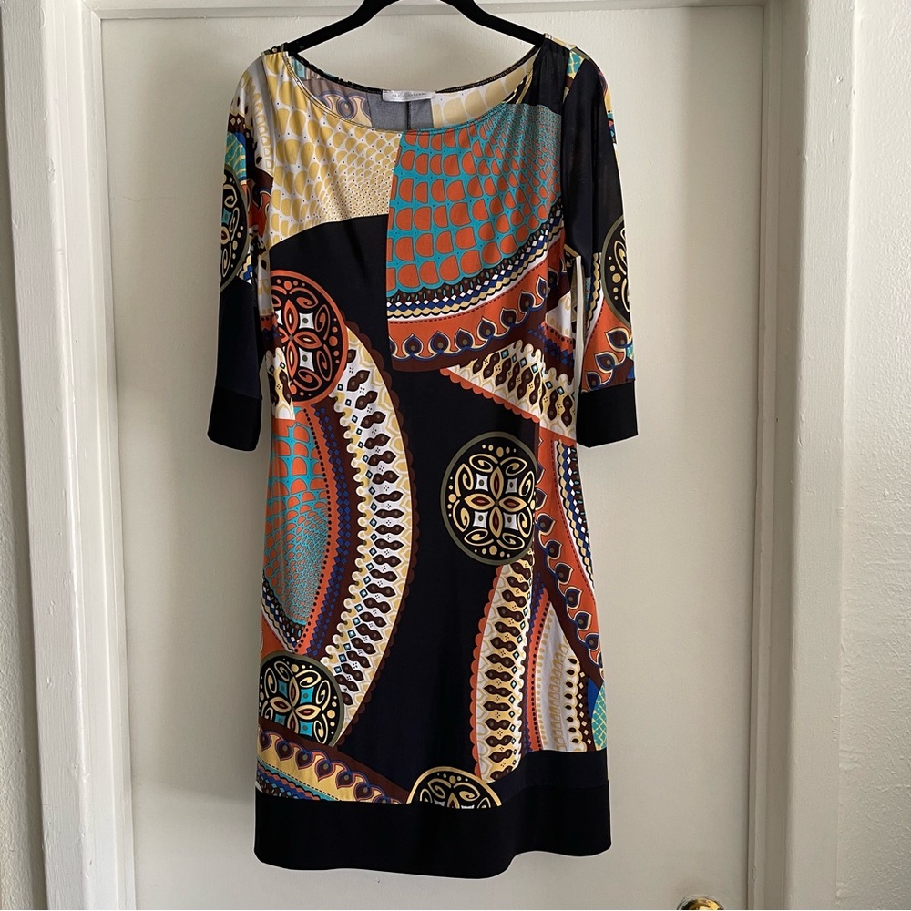 Papillon Blanc Geometric dress Black Yellow Orange size large Lightweight retro - Picture 3 of 9